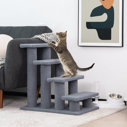 DREAMADE 4-Step Cat Stairs, Upholstered Pet Ladder, Grey