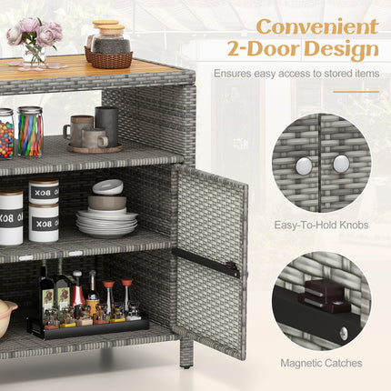DREAMADE Outdoor Storage Cabinet, Wicker Patio Cabinet with Wood Top, Grey