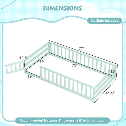 Dreamade Floor Bed with Door & Fence Kids Wood Montessori Beds with Safety Guardrails