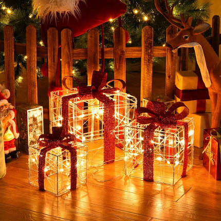Lighted Gift Boxes Christmas Decoration, Set of 3 White Present Ornament Boxes with 60 LED Lights - DreamadeUS
