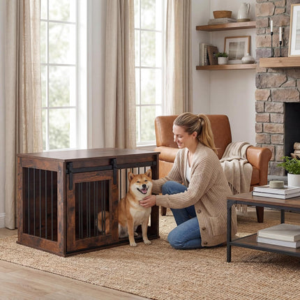 Dreamade 31.5" Dog Crate Furniture with Sliding Barn Door, Wooden Dog Kennel | Heavy Duty Wood Pet Cage End Side Table