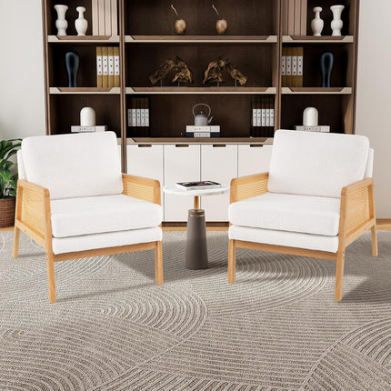 Dreamade Mid Century Modern Accent Chair, Boho Boucle Living Room Arm Chair w/Rattan Arms