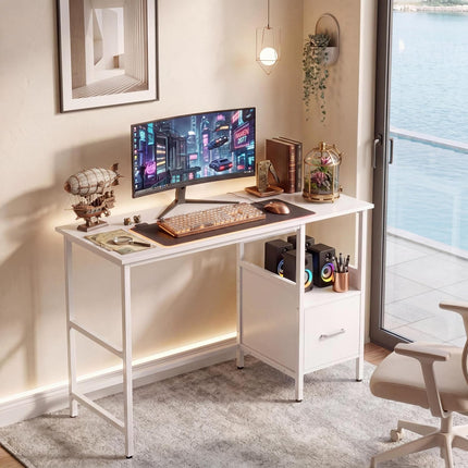 Dreamade White Computer Desk, Writing Desk w/Open Shelf and Storage Drawer