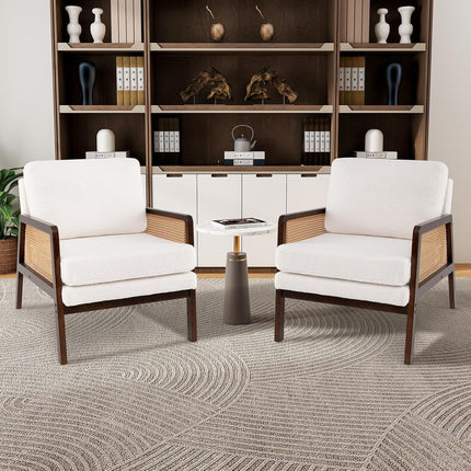 Dreamade Mid Century Modern Accent Chair, Boho Boucle Living Room Arm Chair w/Rattan Arms