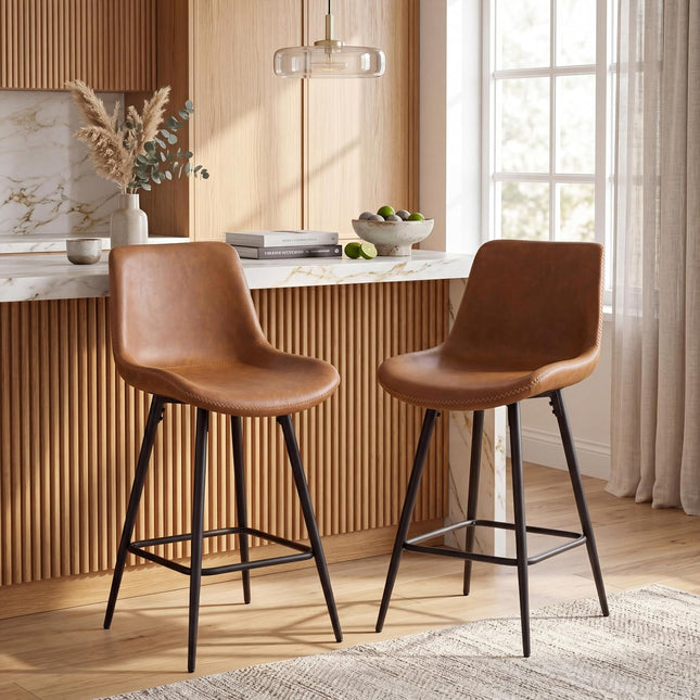 Dreamade 24 Inch Faux Leather Upholstered Bar Stools Set of 2 | Counter Height Barstool with Backs & Footrests