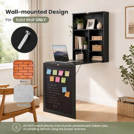DREAMADE Folding Wall Desk, Wall Mounted Table with Storage, Fold Out Table with Shelves