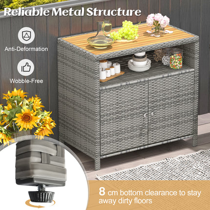 DREAMADE Outdoor Storage Cabinet, Wicker Patio Cabinet with Wood Top, Grey