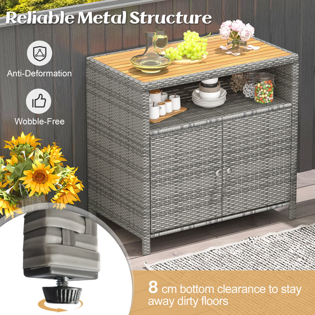 DREAMADE Outdoor Storage Cabinet, Wicker Patio Cabinet with Wood Top, Grey