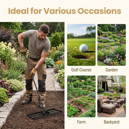 DREAMADE Lawn Leveler, Adjustable Lawn Leveling Rake w/ Steel Handle, Black