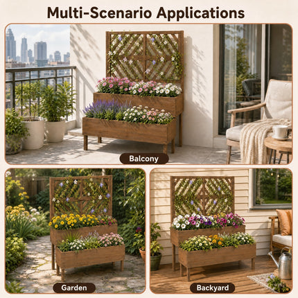 DREAMADE Raised Garden Bed with Trellis, 2-Tier Wooden Planter Box, Brown