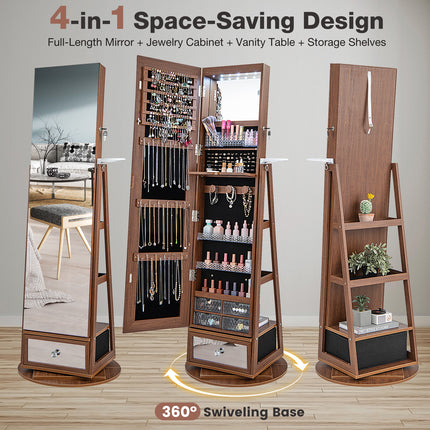 DREAMADE 360° Swivel Jewelry Cabinet with Body Mirror, Full Length Mirror with Storage Jewelry Armoire with Back Storage Shelve