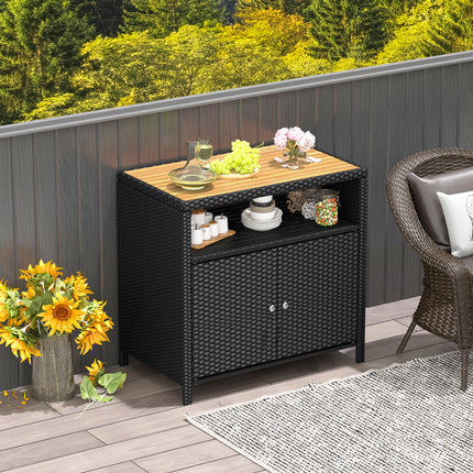 DREAMADE Outdoor Storage Cabinet, Wicker Patio Cabinet with Wood Top, Black