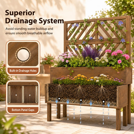 DREAMADE Raised Garden Bed with Trellis, 2-Tier Wooden Planter Box, Brown