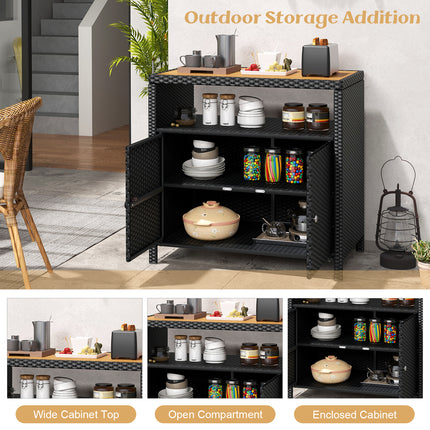 DREAMADE Outdoor Storage Cabinet, Wicker Patio Cabinet with Wood Top, Black