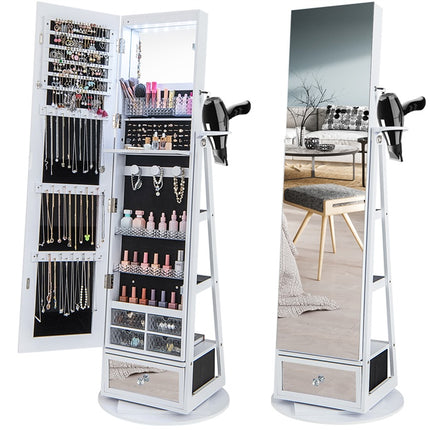 DREAMADE 360° Swivel Jewelry Cabinet with Body Mirror, Full Length Mirror with Storage Jewelry Armoire with Back Storage Shelve