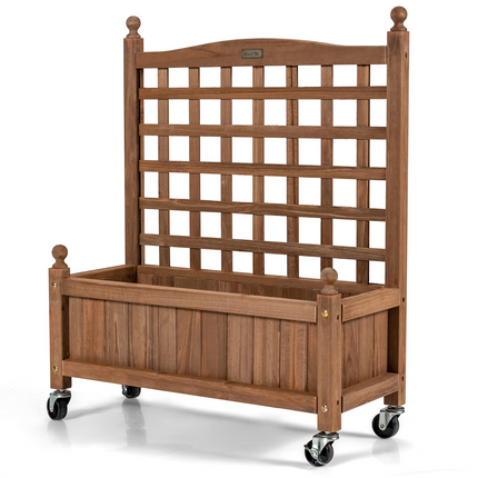 Wood Planter with Lattice Trellis and Wheels, 25'' x 11'' x 32.5'' (L x W x H)