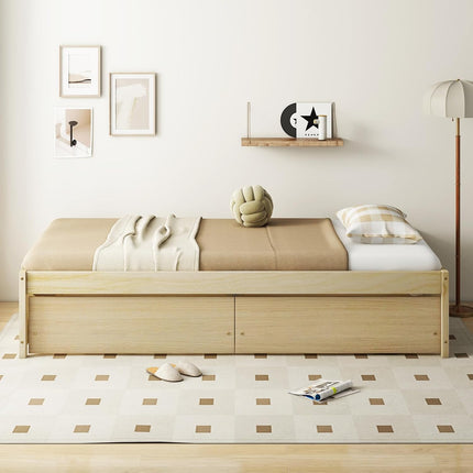 Dreamade Queen/Full/Twin Size Bed Frame with 2 Storage Drawers, Solid Wood Platform Bed with Slats Support