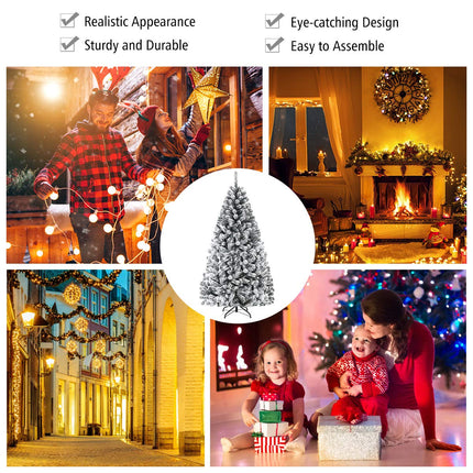 6FT/9FT Snow Flocked Christmas Tree, Hinged Pine Tree - DreamadeUS
