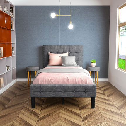 Platform Twin Bed with Button Tufted Headboard | Upholstered Bed Frame