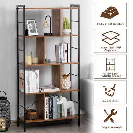 4-Tier Bookshelf, Industrial Style Bookcase with Metal Frame (Rustic Brown) - Dreamadeus