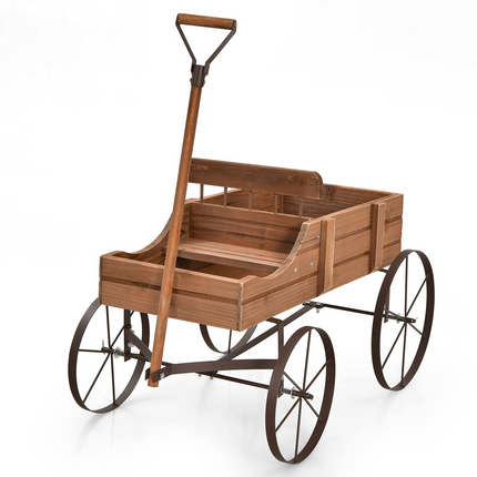 Dreamade Decorative Garden Planter, Small Wagon Cart with Metal Wheels, Wood Raised Beds Plant Pot Stand for Backyard Garden Patio 24.5"x13.5"x24"