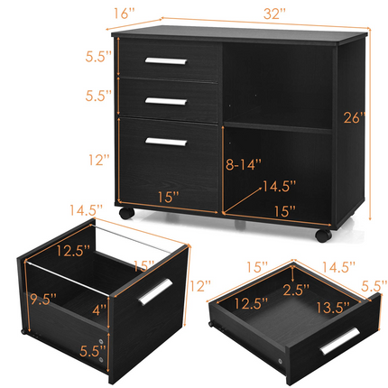 3-Drawer File Cabinet | Mobile Lateral Filing Cabinet with Wheels