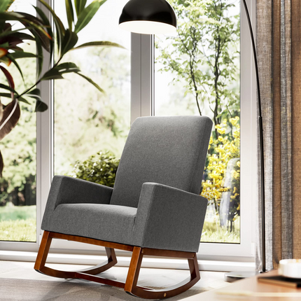 Dreamade Upholstered Rocking Chair, Modern Fabric Armchair w/Wood Base