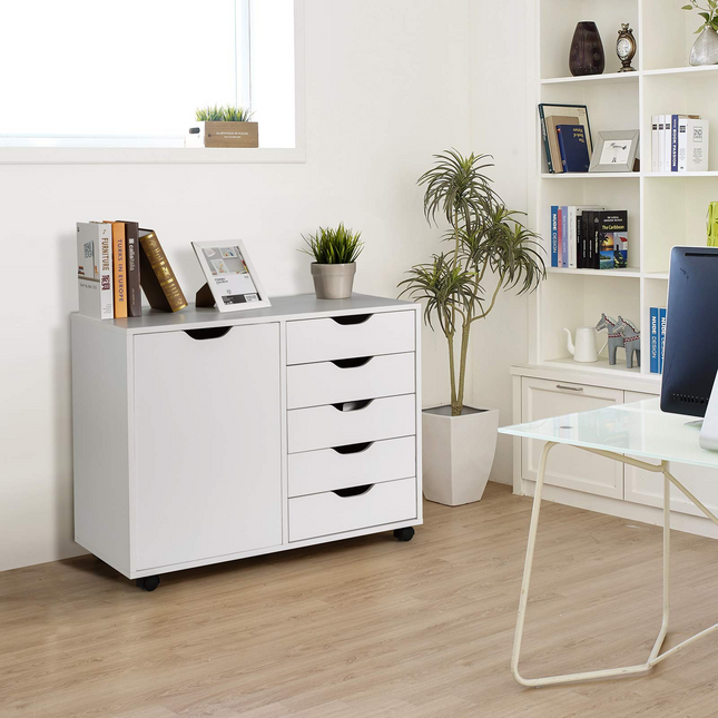 Dreamade Drawers Cabinet Mobile Lateral Filing Organizer with 5 Drawers,1 Side Cabinet and Wheels Mobile Side Cabinet Chest