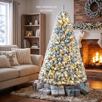 DREAMADE 7 FT Snow Flocked Christmas Tree, Pre-Lit Artificial Pine Tree
