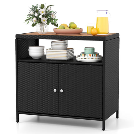DREAMADE Outdoor Storage Cabinet, Wicker Patio Cabinet with Wood Top, Black