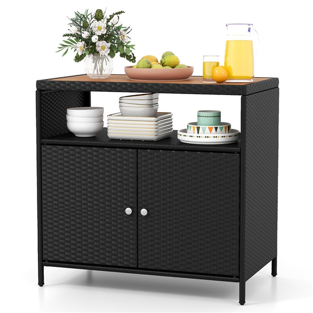 DREAMADE Outdoor Storage Cabinet, Wicker Patio Cabinet with Wood Top, Black