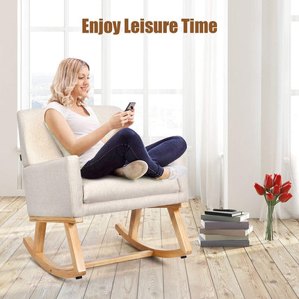 Dreamade Upholstered Rocking Chair with Fabric Padded Seat and Solid Wood Base
