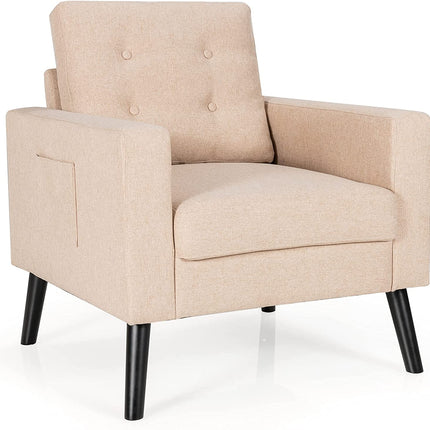 Dreamade Linen Fabric Armchairs with Side Pockets and Wood Legs, Set of 2
