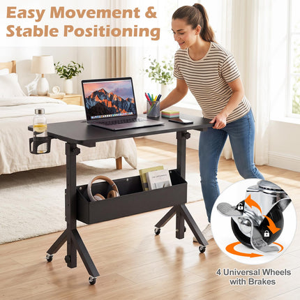 Dreamade 31.5 Small Mobile Standing Desk with Wheels & Storage Basket & Tablet Slot