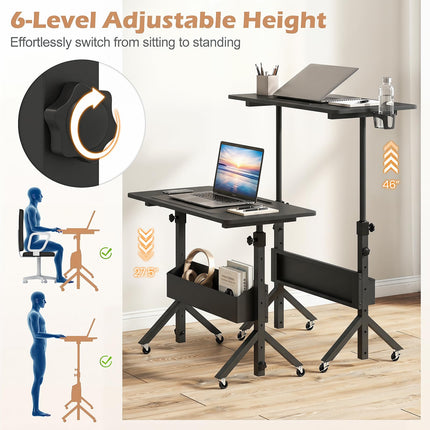 Dreamade 31.5 Small Mobile Standing Desk with Wheels & Storage Basket & Tablet Slot