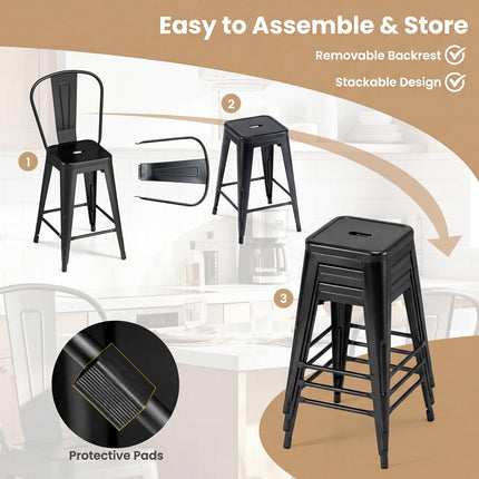 Dreamade 24" Metal Bar Stools Set of 4 w/Removable Back & Integrated Footrest