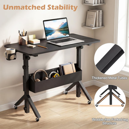 Dreamade 31.5 Small Mobile Standing Desk with Wheels & Storage Basket & Tablet Slot