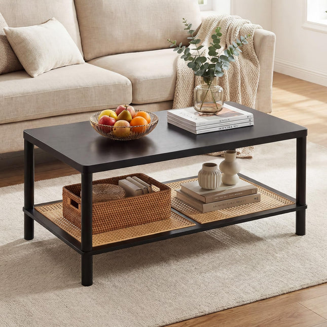 Dreamade Rattan Coffee Table with Rubber Wood Frame & PVC Rattan Storage Shelf