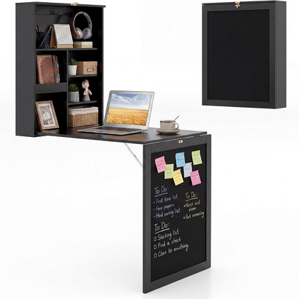 Dreamade Foldable Wall Mounted Desk with Storage Shelves Hooks & Chalkboard