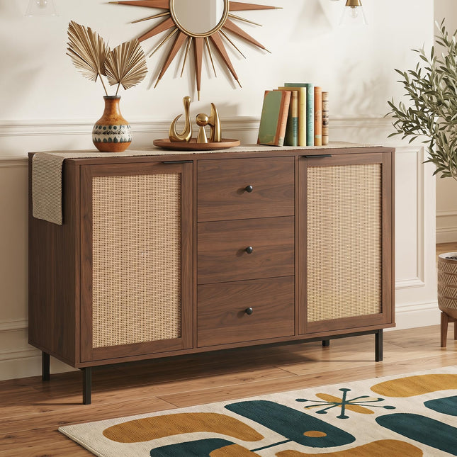 Dreamade 47.5 Sideboard Buffet Cabinet with Storage with 2 Rattan Doors and 3 Drawers