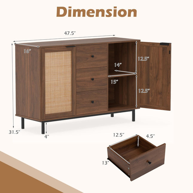 Dreamade 47.5 Sideboard Buffet Cabinet with Storage with 2 Rattan Doors and 3 Drawers