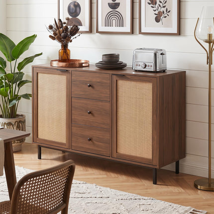 Dreamade 47.5 Sideboard Buffet Cabinet with Storage with 2 Rattan Doors and 3 Drawers