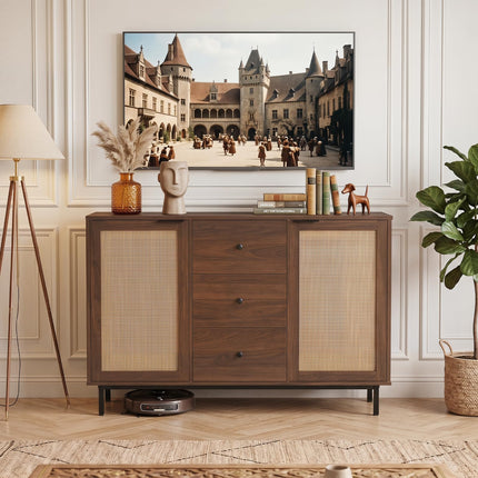 Dreamade 47.5 Sideboard Buffet Cabinet with Storage with 2 Rattan Doors and 3 Drawers