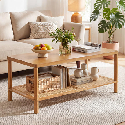Dreamade Rattan Coffee Table with Rubber Wood Frame & PVC Rattan Storage Shelf