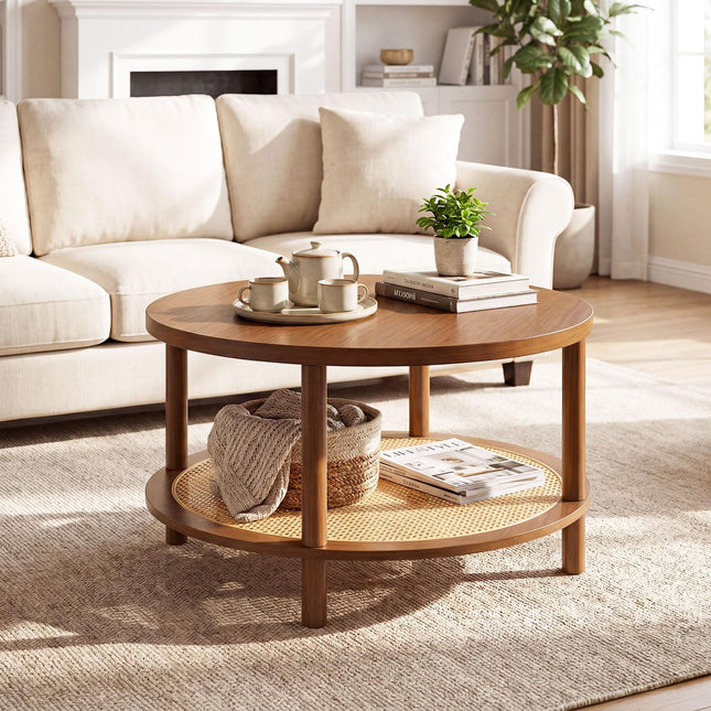 Dreamade Round Rattan Coffee Table with Storage & Solid Rubber Wood Legs