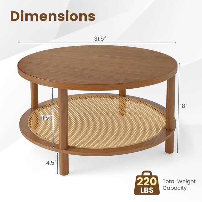 Dreamade Round Rattan Coffee Table with Storage & Solid Rubber Wood Legs