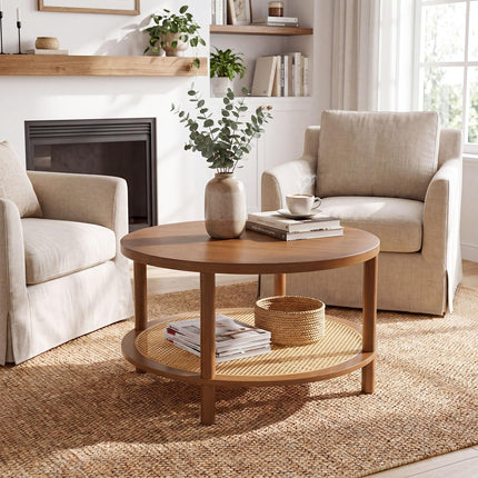 Dreamade Round Rattan Coffee Table with Storage & Solid Rubber Wood Legs