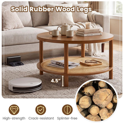 Dreamade Round Rattan Coffee Table with Storage & Solid Rubber Wood Legs