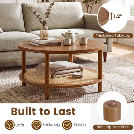 Dreamade Round Rattan Coffee Table with Storage & Solid Rubber Wood Legs