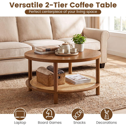 Dreamade Round Rattan Coffee Table with Storage & Solid Rubber Wood Legs